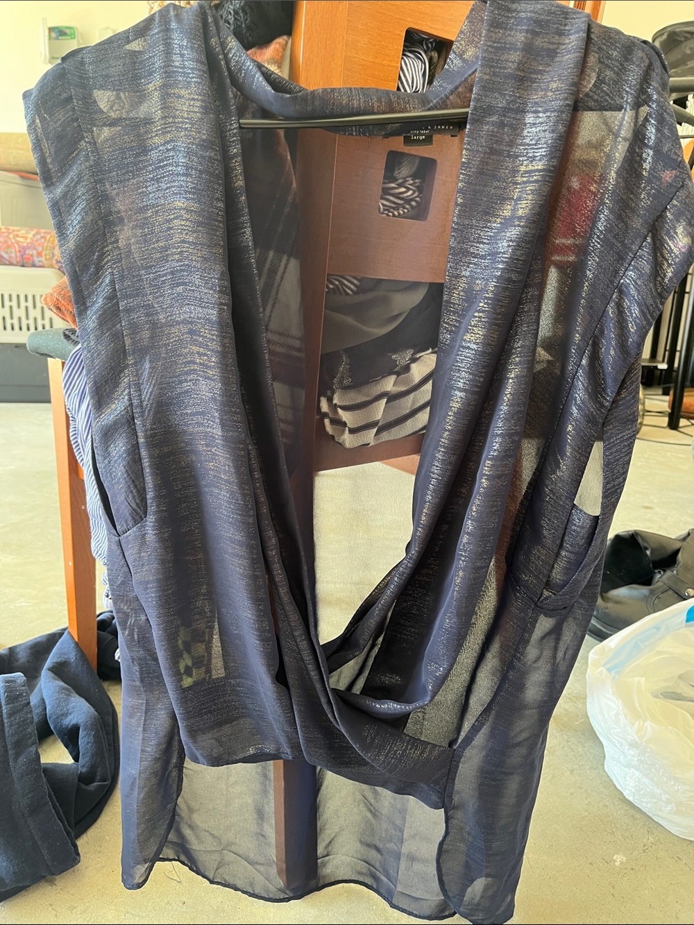 Sheer Metallic Navy Draped Open Vest